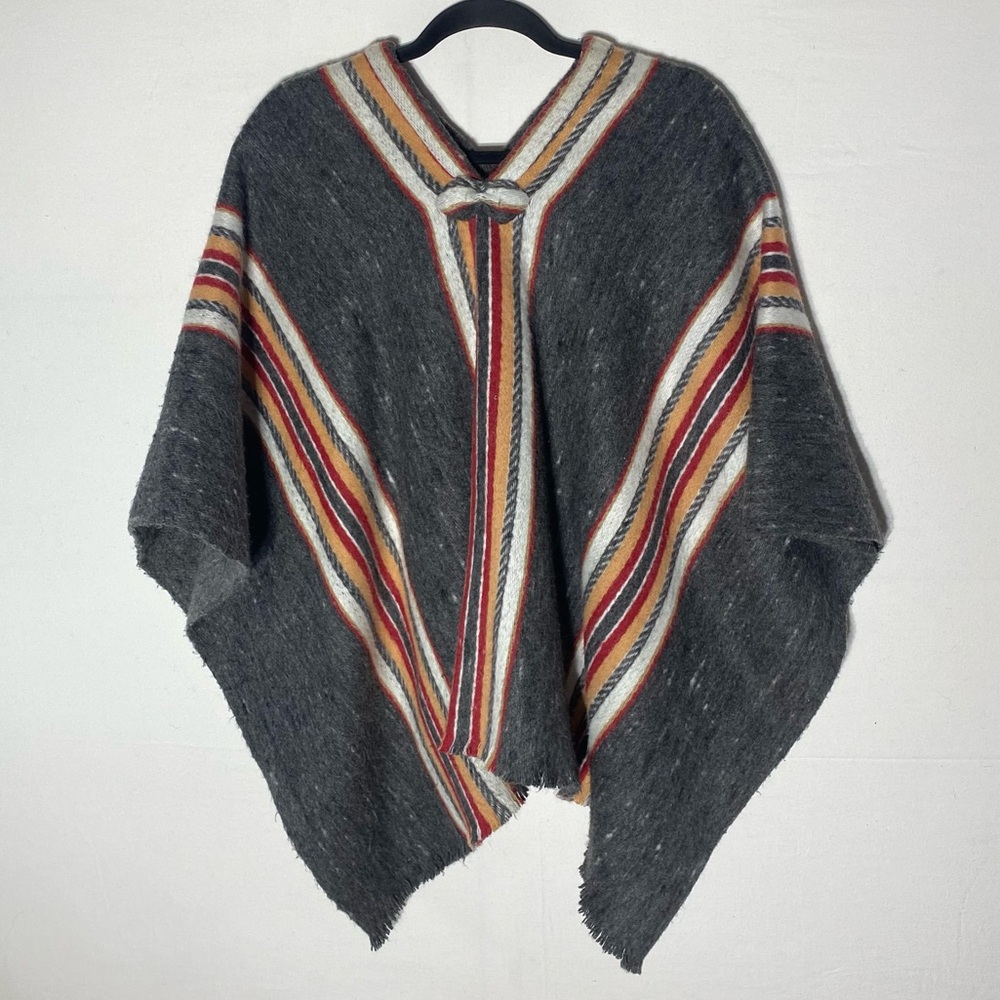 Vintage Grey Red Orange White Striped Blanket Poncho Sweater L Festival Retro